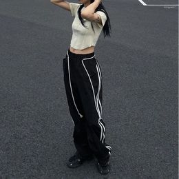 Women's Pants Vintage Black Drawstring Sweatpants Fashion High Waist Straight Wide Leg Casual Street Baggy Mopping Trouser Ladies Summer