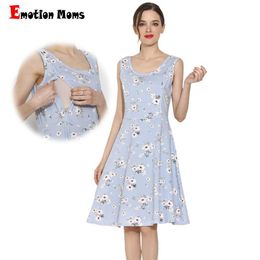 Maternity Dresses Emotion Moms Summer Pregnant Womens Dress Cotton Elastic Flower Breast Feeding Dress Sleeveless Latex Dress S-3XL d240520