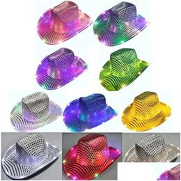 Party Hats Space Cowgirl Led Hat Flashing Light Up Sequin Cowboy Luminous Caps Halloween Costume Drop Delivery Dhg7K
