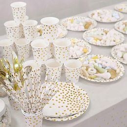 Disposable Dinnerware Party Supplies Set Gold Point Paper Dish Meal Napkin Cup Plates Cups Straw And Napkins