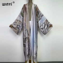Autumn Tiger Printing Beach Wear Swim Suit Elegant Africa Women Boho Cardigan Sexy Holiday Long Sleeve Kimono Dress