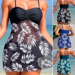 Women's Swimwear 2Pcs/Set Women Summer Swimsuit Set Adjustable Straps Print Mesh Hem Bandeau Tops High Waist Swim Shorts Bikini