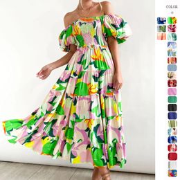 2024 Summer New European and American Puff Sleeve Holiday Slim Looking Long Dress Hot Girl High Waist off-Shoulder Printed Dress Women