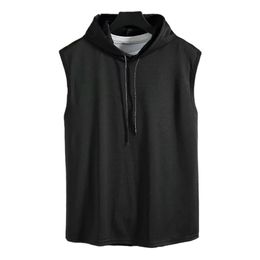 Shirt Vest Gym Hooded Hoodie Polyester Sleeveless Solid Summer Tank Top Undershirt Workout Bodybuilding Men Daily 240510