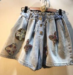 Women's Jeans Luxury 2024 Spring Summer All-match Loose Wide Leg Pants Diamond Beads Drawstring Elastic High Waist Casual Denim Shorts