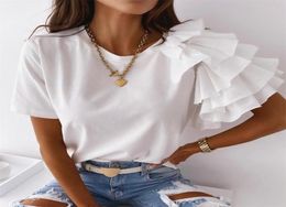 Women Blouse Summer Elegant Solid Color Casual Loose Tshirt O Neck Ruffle Short Sleeve Pullover Female Tees Top Blouses W2204099402169