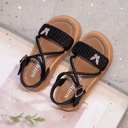 Kids Princess Pleated Girls Rhinestone Sandals with Butterfly-knot Fashion Children Cross Summer Beach Shoes Sweet