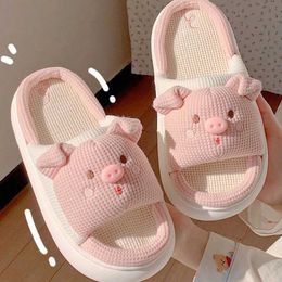 Slippers New Pink 3.5cm Fashionable Soft Womens Casual Cute Pig Pattern Design Comfortable Womens Linen Home SlideL2405
