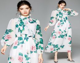 2021 Bow Mock Neck White Maxi Dress Long Sleeve Women Designer Rose Printed Slim A-Line Ruched Dresses Holiday Office Party Autumn Winter Sweet Girl Cute Frock5478258