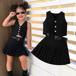 Clothing Sets 2024 Summer Girls Clothes Sleeveless V-neck Solid Vest Tops Pleated Skirt Kids Children's Casual For 2-7 Years
