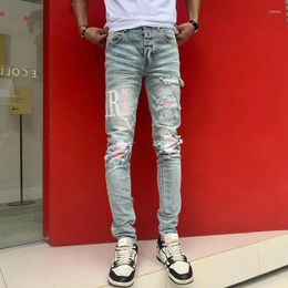 Men's Jeans Latest Street Fashion Retro Light Blue Elastic Slim Fit Split Pink Patch Designer Hip Hop Brand Pants