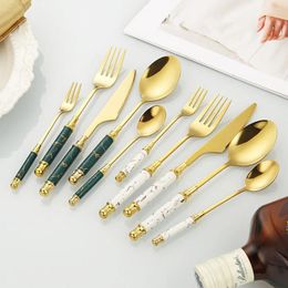 Dinnerware Sets 5Pcs/Lot Ceramic Handle Metal Spoon Knife Fork Cake Coffee Stainless Steel Cutlery