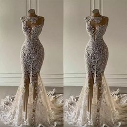 Crystal Mermaid Wedding Dresses See Through Lace Appliqued Bridal Gowns Sequined Dubai Wedding Dress Customise
