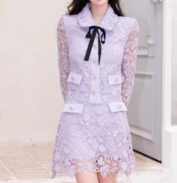 Women's Tracksuits Luxury Design Purple Lace Two Piece Sets Women Summer Holiday Elegant Turn-down Neck Tops Skirts Lady Evening Party