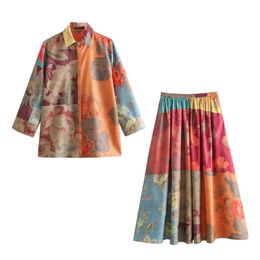 UNIZERA Summer Product Womens Simple Polo Collar 34 Sleeve Spliced Printed Shirt Mid Waist Midi Skirt Casual Set 240511