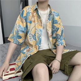 Summer Streetwear Men Loose Leaf Print Beach Short Sleeve Shirt Harajuku Hawaii Vacation Quick Dry Aloha Tops Tropical Shirts 240520