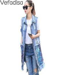 Vefadisa Plus Size Sequin Denim Vest Coat Women Sleeveless Denim Jacket 2020 Autumn Patchwork Hole Long Vest Coat Blue ZLD5453536275