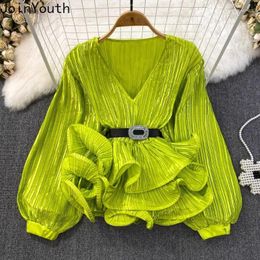 Women's Blouses 2024 Blusas Mujer De Moda Temperament Women Lantern Sleeve V-neck Slim Waist Shirts Folds Ruffles Vintage Blouse Tops