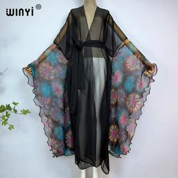 Summer Fashion Print Women Coat Long Dress Elegant Party Boho Maxi Beach Swimming Cover Up Sexy Perspective Kimono