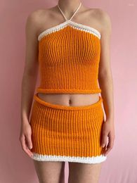 Women's Tanks Louatui Women Summer Knit Skirt Set Crochet Tie-up Halterneck Backless Vest Low Waist Mini For Club Party