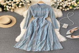 2022 New Spring Autumn Women Oneck Vintage Single Breasted Midi Dress Office Ladies Lace Patchwork Fairy Dress1318030