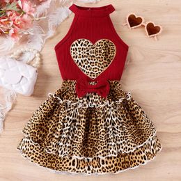 Clothing Sets 2024 Summer Girls Clothes Sleeveless Halter Heart Print T-shirt Tops Leopard Pleated Skirt Kids Fashion