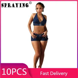 Women's Tracksuits 10 Elastic Denim 2024 Halter Backless Crop Top Shorts Wholesale Items Sexy Y2k 2 Piece Set Womens Outfits S13525