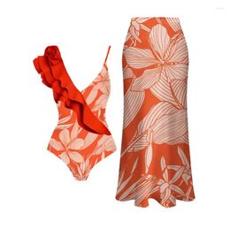 Women's Swimwear 2024 Printed Ruffled One-piece Swimsuit Women Beach Suit Skirt Pareo