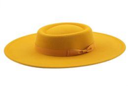 Berets 95 Cm Wide Brim Plain Black Flat Top Hat Boater Women Wool Fedora Felt Hats With Bowknot Vintage Wedding Panama CapBerets 5540705