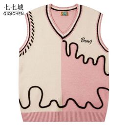 Harajuku Casual Sweater Vest Men Contrasting Colour Patchwork V-Neck Sleeveless Knit Pullover Japanese Preppy Style Jumpers Fall 240516