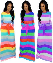 Women sexy maxi dresses casual long skirts designer fall winter clothing colorful striped print loose long sleeve floor length dre4431427