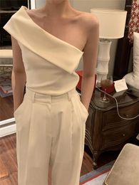 Women's Two Piece Pants French Celebrity Fashion 2 Sets Irregular One Shoulder Camis Shirt Top&High Waist Long Wide Leg 2pc Suits