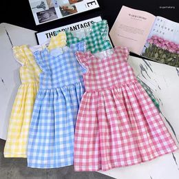 Girl Dresses Summer Kids Clothes Dress Baby Girls Flying Dleeve Grid Sweet Cute Princess Children