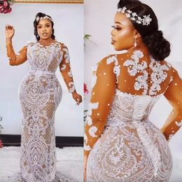 Aso Ebi Champagne Mermaid Wedding Dresses Bridal Gowns Jewel Neck Long Sleeves White Lace Appliques Beads Corset Back Plus Size robe