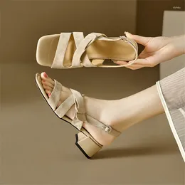Sandals Sheep Suede Summer Square Toe Chunky Heels For Women Zapatos Mujer Gladiator Shoes Ladies