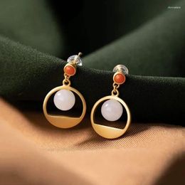 Stud Earrings Ancient Gold Craft Frosted Design Natural Hetian White Jade Beads For Women Ear Studs Ethnic Charm Party Jewelry