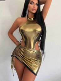 Work Dresses Women Shiny Metallic 2 Two Piece Night Club Party Outfits Halter Bodysuit Holographic Drawstring Ruched Bodycon Mini Skirts