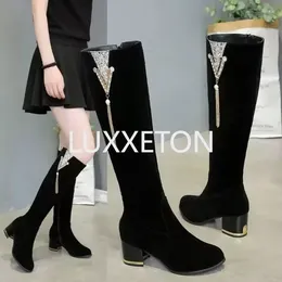 Boots Winter Women's Long Fashion Rhinestone Thick-heeled High-heeled Knee-high Boot Zipper Retro Knight Women Shoes