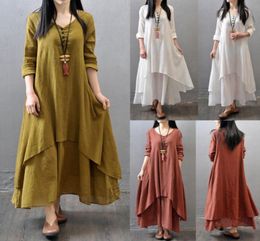 Maxi Dress Women Peasant Ethnic Boho Cotton Linen Long Sleeve Gypsy Dresses Plus Size2813387