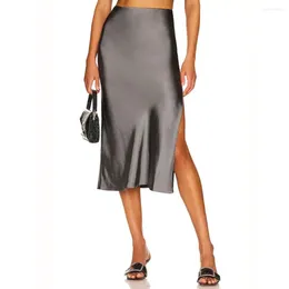 Skirts Women Summer Skirt High Waist A-Line Midi Solid Colour Side Slit Design Smooth Satin Mid-calf