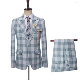 Men's Suits 2024 High Quality Business Linen Light Blue White Stripe Plaid Wedding Groom Tuxedo 2 Pcs Set Jacket Pants