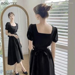 Casual Dresses Black Women Summer Mid-calf Sexy Square Collar Bandage Design Simple Gothic Vestidos De Mujer All-match Aesthetic Chic