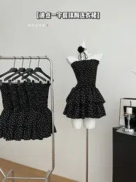 Casual Dresses French Elegance Black Dot Print Strapless Dress Women Design Slim Chest Wrapping One-Piece Frocks 3D Flower Halter Sexy Gyaru