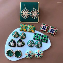 Stud Earrings French Hong Kong Style Green Enamel Glaze Pearl Flower Painting Art