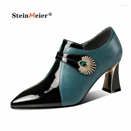 Boots Women Genuine Leather Crystal Pointed Toe Heels Shoes Spring Elegant Sexy High Office Ladies