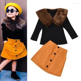Clothing Sets 2024 Autumn Kids Girls Winter Fur Collar Solid Color Sweater Corduroy Skirt Dress 2pcs Children Clothes Suit 3-7T