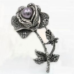 Brooches Black Rhinestone Brooch Pearl Flower Rose Leaf Moon Elegant Alloy Breastpin Wedding Glass Beads Crystal For Women Girls
