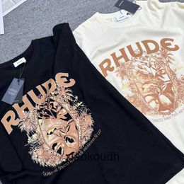 Rhude High end designer T shirts for high street trendy simple stroke floral print casual short sleeved T-shirt unisex summer With 1:1 original labels