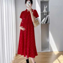 Maternity Dresses Pregnant Womens Dress Summer Korean Polka Dot Short Sleeve Matching High Waist Fashion Pregnant Womens Clothing d240520