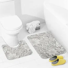 Bath Mats Bathroom Rugs Sets 2 Piece White Floral Pattern Absorbent U-Shaped Contour Toilet Rug